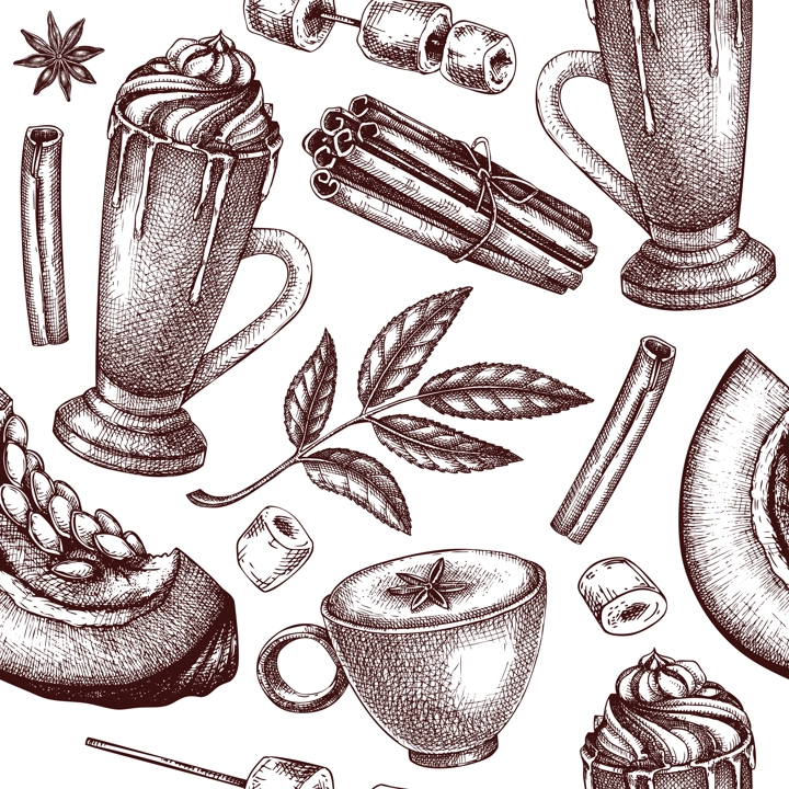 Morning coffee background. Sketched drink illustration. Pumpkin latte seamless pattern. Coffee with milk and spices sketch. Hot drink drawing isolated on white. Pumpkin latte backdrop
